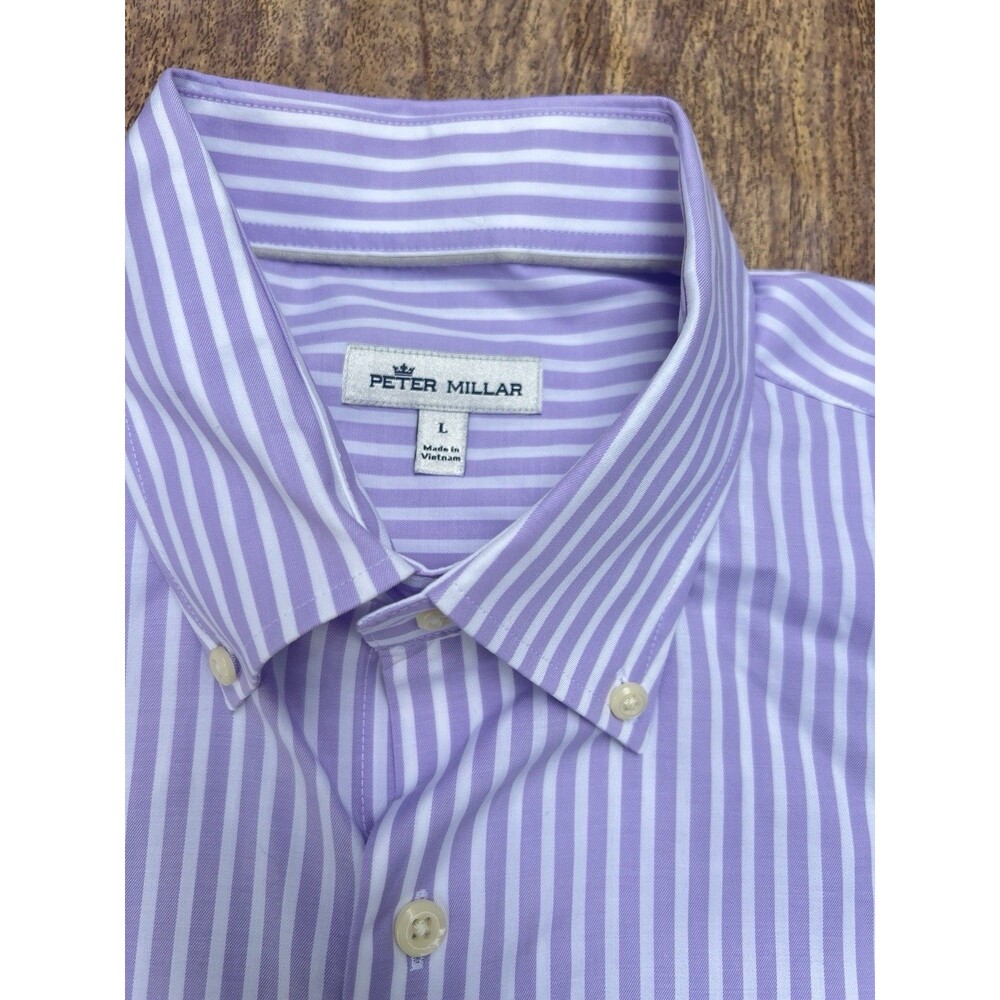 Peter Millar Men’s L Large Purple White Striped Button Down Stretch Cotton Shirt